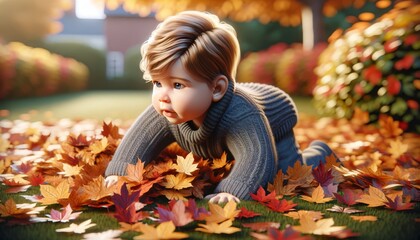 Baby Crawling Towards a Pile of Autumn Leaves, Exploring Textures and Colors of the Season