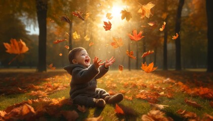 Baby Giggling as They Try to Catch Falling Autumn Leaves in the Park.