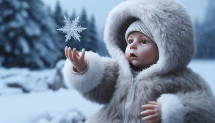 Baby Reaching Out to Touch a Gentle Snowflake on Their Hand Against a Winter Wonderland