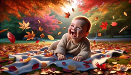 Baby Giggling as Colorful Autumn Leaves Fall Around Them in the Park