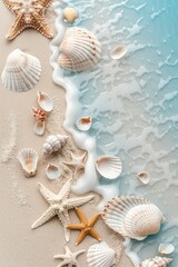 a beach scene featuring beach sand and seashells, in the style of light white and sky-blue, ferrania p30, serene visuals, ad posters, vibrant stage backdrops - generative ai