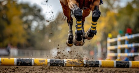 Hooves in Flight. Triumphing Over Obstacles in Equestrian Jumping - obrazy, fototapety, plakaty