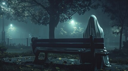 Lonely Ghost in Dark Park, Halloween Haunting in Full Swing - obrazy, fototapety, plakaty