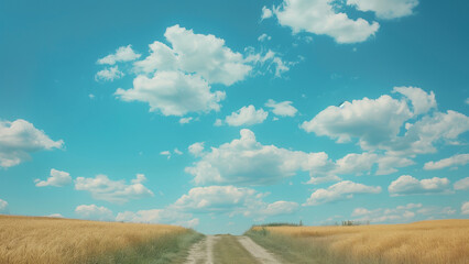 Obraz premium Road in wheat field and blue sky with clouds - retro vintage style