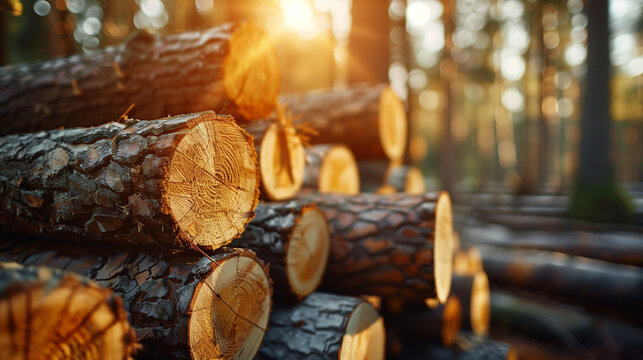 A pile of logs with the sun shining on them. AI.