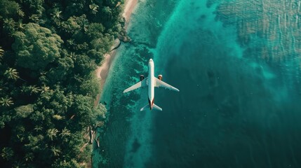 Aerial view a plane flight above tropical beach around green rainforest. AI generated image - obrazy, fototapety, plakaty