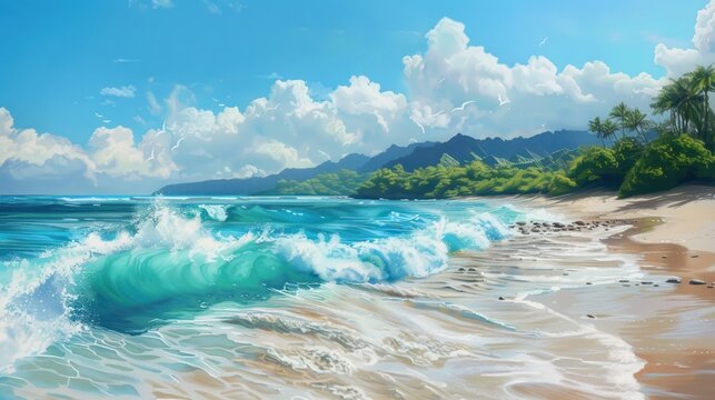 Beautiful tropical beach with nice waves for summer vacation place. AI generated image