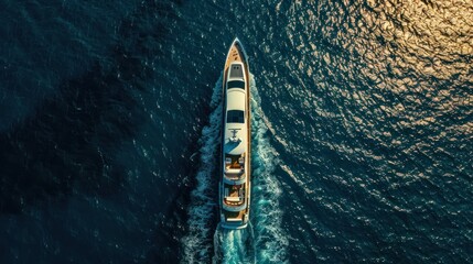 Aerial view of luxury yacht boat moving in the turquoise deep sea. AI generated image