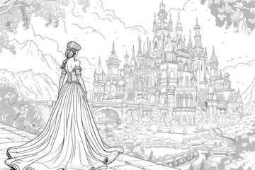Fairy tale princess by magic palace coloring page for children. Black and white picture. AI Generated 