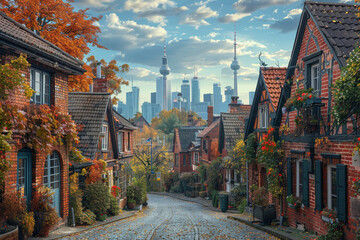 A quaint village with cobblestone streets juxtaposed against a bustling modern city skyline....
