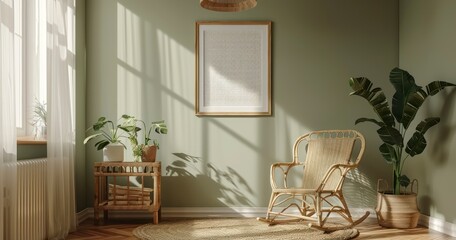 Mock-Up Frame in Children's Room with Natural Wooden Furniture