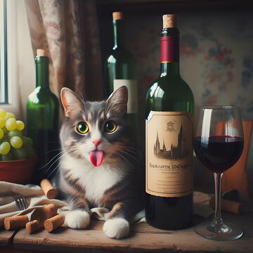 Funny Drunk Fluffy Pet Cat Kitten Sitting Relaxing with a Bottle of Red of White Wine Time Champagne on the Table at Home Fun Celebrating with its' Tongue Sticking Out Waiting for a Glass from Man.