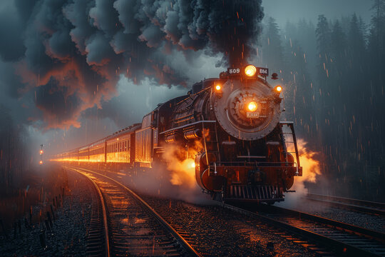 A vintage steam locomotive next to a high-speed bullet train on parallel tracks. Concept of transportation revolution. Generative Ai.