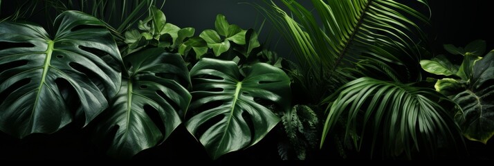 Lush green leaves of a tropical jungle plant stand out vibrantly, creating a striking contrast against a dark backdrop in this captivating natural image - obrazy, fototapety, plakaty