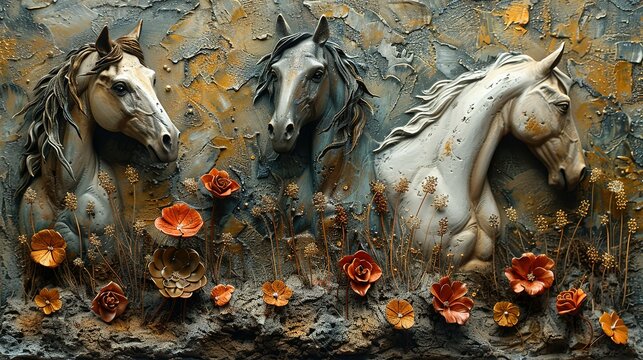 Plants, animals, horses, metal elements, texture background, modern paintings