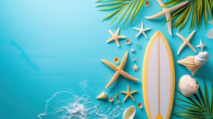 Beautiful summer holiday with surfboard, starfish and palm leaves on blue background. AI generated - obrazy, fototapety, plakaty