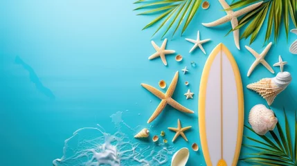 Foto op Plexiglas Beautiful summer holiday with surfboard, starfish and palm leaves on blue background. AI generated © atapdesain