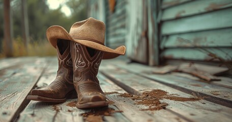 Pair of Old Leather Boots and Cowboy Hat on Wooden Floor - obrazy, fototapety, plakaty