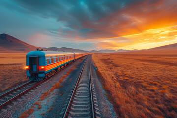 A train speeding across the vast plains, disappearing into the horizon. Concept of locomotion and travel. Generative Ai. - obrazy, fototapety, plakaty