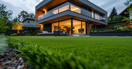 Wooden-Edged Contemporary Turf in Front Yard - obrazy, fototapety, plakaty