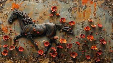 Fototapeta premium Plants, animals, horses, metal elements, texture background, modern paintings