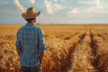 A farmer surveying the distant fields, contemplating the upcoming harvest season. Concept of agriculture and sustenance. Generative Ai.