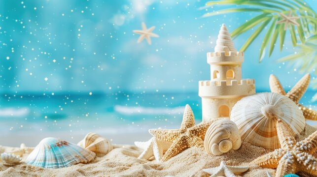 Beautiful summer holiday theme with starfish and sand castle on blue background. AI generated