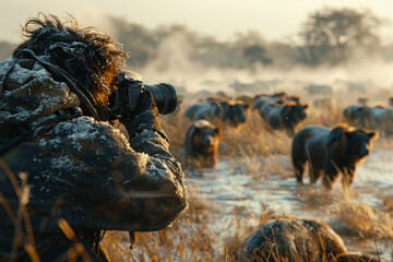 A wildlife photographer capturing images of animals in their natural habitat, blending into the...
