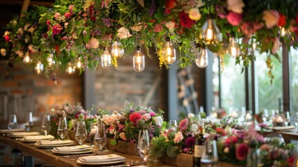 Beautiful luxury decorated wedding table indoor restaurant hall building. AI generated image