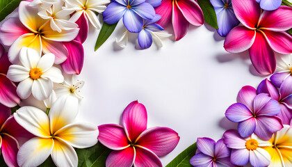 Natural border frame of fresh wet plumeria daisy cosmos and periwinkle flowers on white