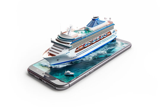 An Ai generative image of ship sailing in smartphone on white background.