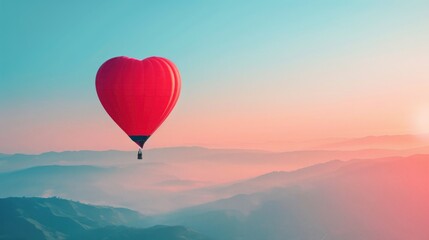 Red heart shape of hot air balloon flight in the sky with foggy mountains background. AI generated
