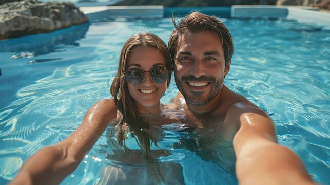 Happy smiling young couple taking a selfie photo together in swimming pool. AI generated image