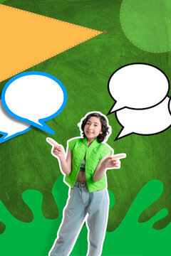 Young girl on colorful background with text bubble, banner for social networks.