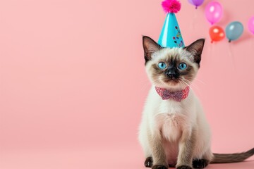Happy Birthday Pet Cat Portrait, Kitten Animal Greeting Card Design, Holiday New Years Celebration...