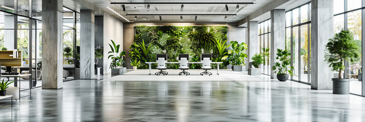 The Modern Corporate Environment: A Spacious and Bright Office Interior with Sleek Furniture, Designed for Productivity and Style - obrazy, fototapety, plakaty