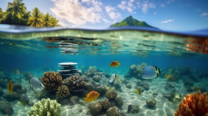 Tropical seascape, fish with sea anemones underwater in the lagoon of Huahine in French Polynesia, split view over and under water surface - obrazy, fototapety, plakaty