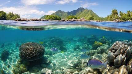 Tropical seascape, fish with sea anemones underwater in the lagoon of Huahine in French Polynesia, split view over and under water surface - obrazy, fototapety, plakaty