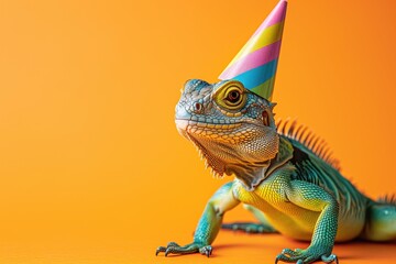 Happy Birthday Pet Lizard Portrait, Reptile Animal Greeting Card Design, Holiday New Years Celebration Concept, Marketing Backdrop, Color Background, Veterinarian Wallpaper with Copy Space for Text