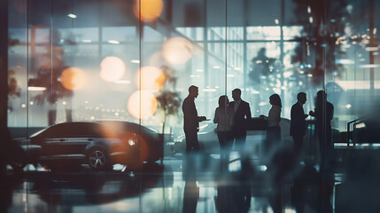 Silhouette of corporate executives standing in modern office lobby having discussions, with...