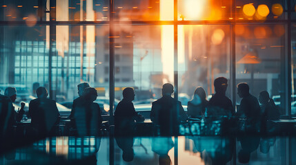 Silhouette of a dynamic business professionals engaged in collaborative project discussion around table, with a cityscape backdrop - obrazy, fototapety, plakaty