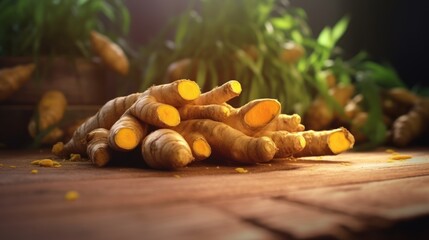 Ginger and turmeric roots on brown wooden AI generated