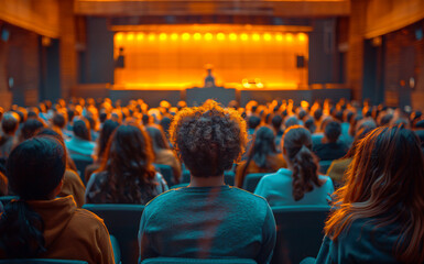 Rear view of a man siting in the audience of an auditorium. 