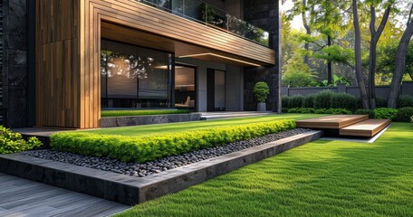 Contemporary Front Yard with Wooden-Trimmed Artificial Grass - obrazy, fototapety, plakaty