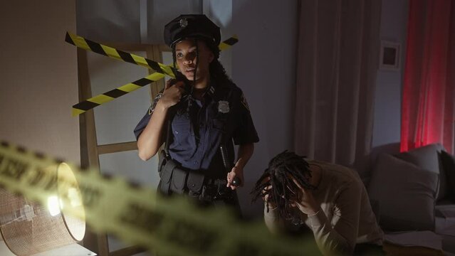 A distressed man sits indoors as a policewoman communicates over her radio, surrounded by crime scene tape