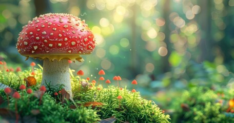 Amanita Muscaria Toadstools Amidst Green Forest Blur - obrazy, fototapety, plakaty