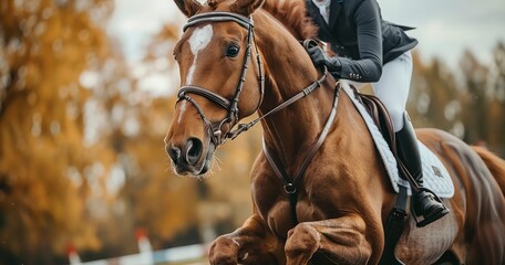 Obraz premium Energetic Show Jumping Performance with Rider and Brown Horse