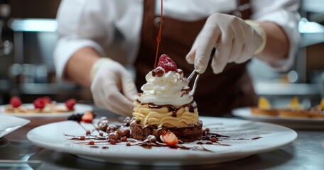 Close-Up of Chef's Sophisticated Dessert Preparation