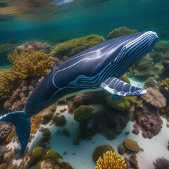 A whale wearing a snorkel and exploring a coral reef5 - obrazy, fototapety, plakaty