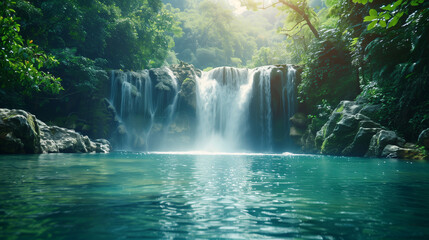 A waterfall is flowing into a lake in a lush green forest. AI. - obrazy, fototapety, plakaty